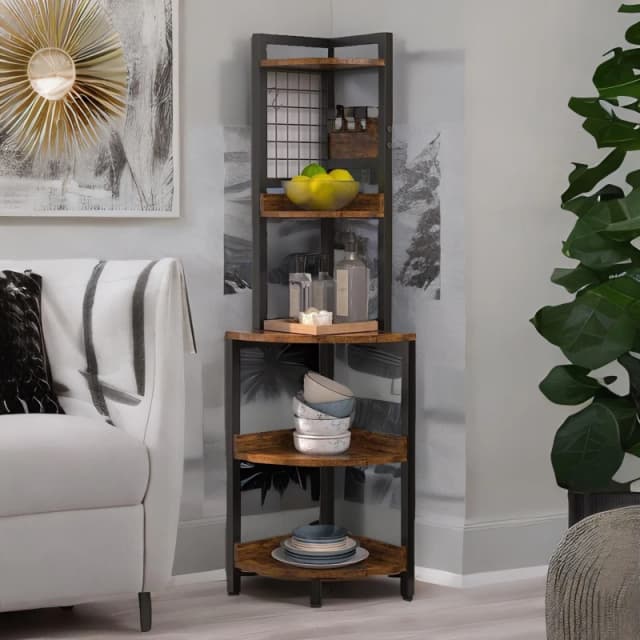 Rafaelo Mobilia Industrial Free-Standing 5 Tier Corner Shelf Rustic Brown Brown Unisex