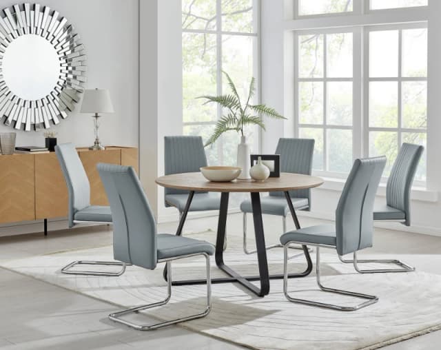 FurnitureboxUK FurnitureboxUK Santorini Brown Wood Effect Dining Table & 6 Black Lorenzo Chairs in Grey Grey One Size Unisex 5056657124069