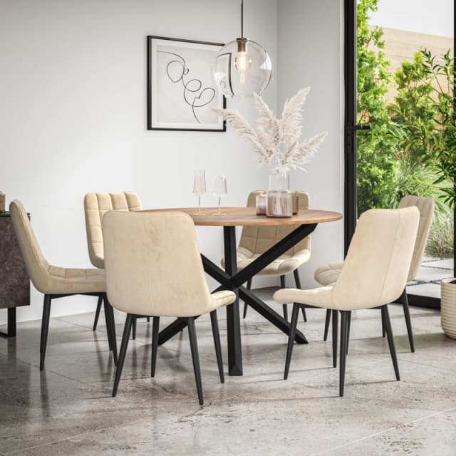 More4Homes Malvern Round Dining Table And Chairs - Oak Table Top W Solid Black Oak Legs + Nova Velvet Dining Chair Set Of 6 (Beige)