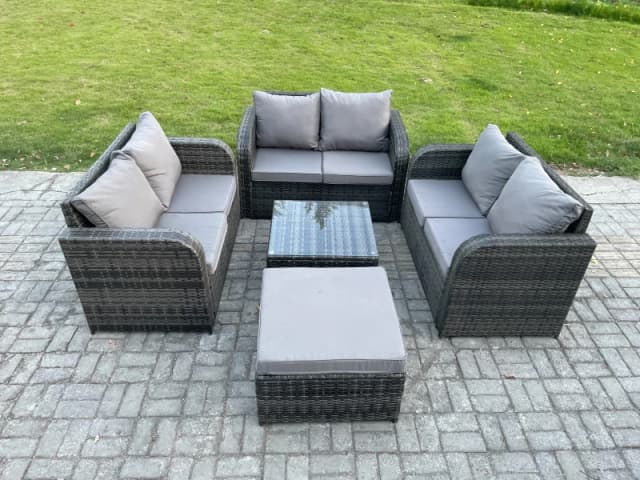 Fimous Outdoor Garden Furniture Sets 7 Seater Wicker Rattan Furniture Sofa Sets with Square Coffee Table Love seat Sofa Big Footstool Dark Grey
