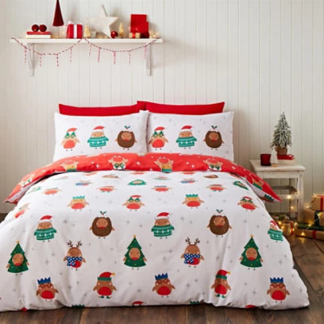 Catherine Lansfield Party Robins Duvet Cover and Pillowcase Set White