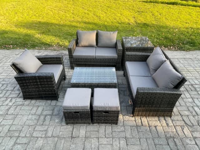 Fimous Rattan Garden Furniture Set 7 Seater Patio Outdoor Lounge Sofa Chair Set with Side Table Rectangular Coffee Table 2 Small Footstools Dark Grey