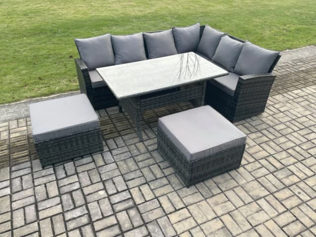 Fimous 8 Seater Outdoor Furniture Garden Dining Set Rattan Corner Sofa Set with Rectangular Dining Table Big Footstool Dark Grey Mixed Dark Grey Unise