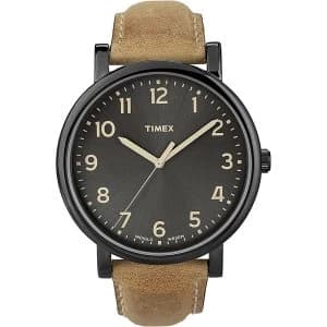 Timex T2N677 Mens Oversized Brown Leather Strap Watch with Black Dial