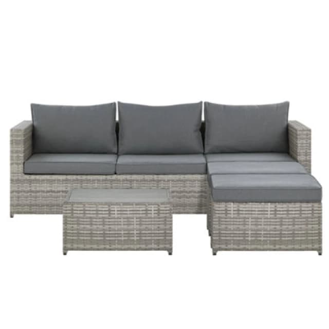 Beliani Garden Corner Sofa With Table 5 Seater Sabbia Right Hand Modular Pe Rattan Light Grey