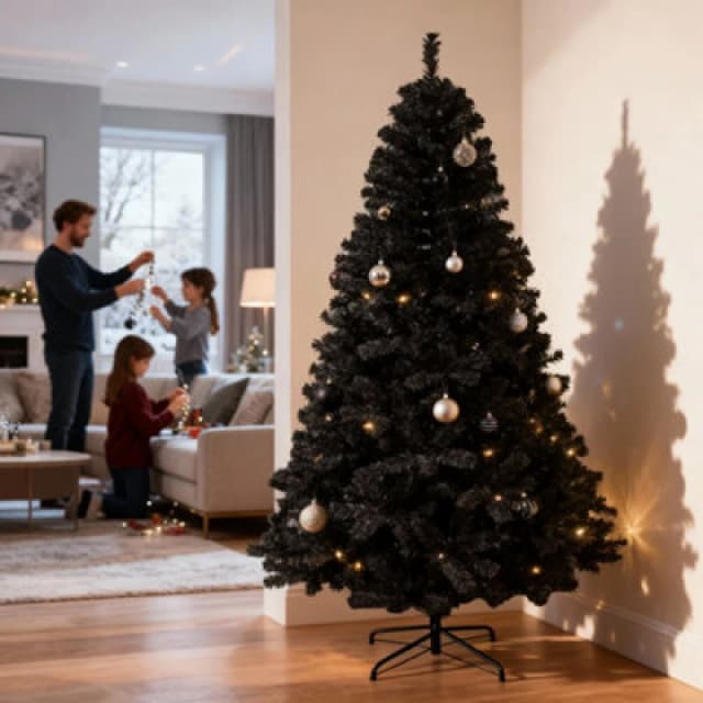 Shatchi Black Alaskan Pine Christmas Tree - Full & Bushy Artificial Tree with Flame-Resistant PVC and Metal Stand Black