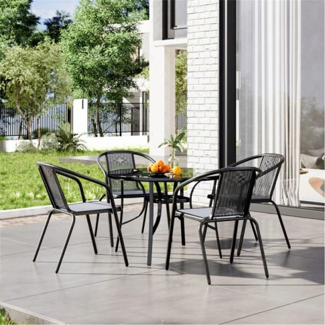 Breeins Round Metallic Table with 4 Rattan Chairs - Black L