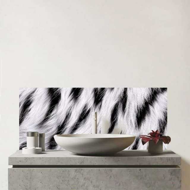 Warren Reed - Designer White Tiger Print Glass Bathroom Splashback in Black Unisex