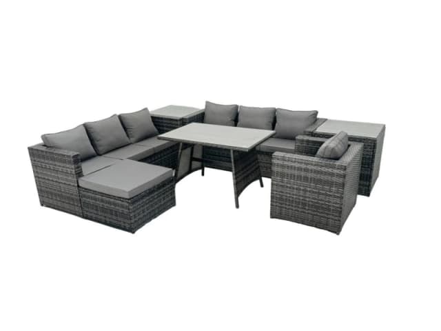 Fimous Rattan Dining Table Sofa Set with 2 Side Table Big Footstool Outdoor in Dark Grey Dark Grey Unisex