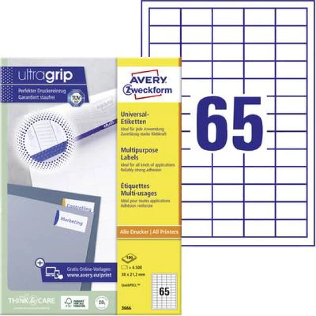 Avery-Zweckform Avery-Zweckform 3666 All-purpose labels 38 x 21.2mm Paper White 6500 pc(s) Permanent adhesive Inkjet printer, Laser printer, Laser, c
