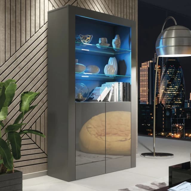 Mex Furniture LTD Display Cabinet with LED Lights & Gloss Doors / 170cm Dark Grey
