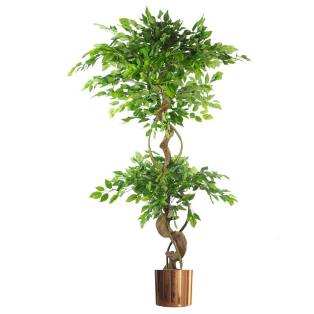 Leaf Japanese Fruticosa Ficus Tree Copper Planter 150cm Twisted Trunk Artificial Botanik Green