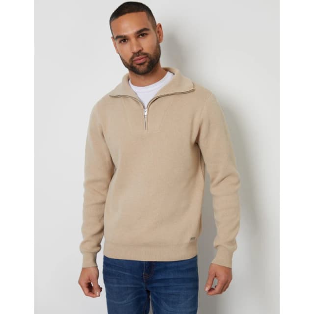 Threadbare Rib Panel Quarter Zip Jumper Brown