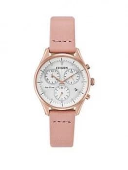 Citizen Eco-Drive White And Rose Gold Detail Chronograph Dial Pink Leather Strap Ladies Watch