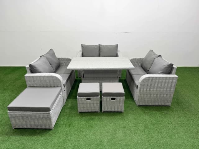 Fimous 9 Seater PE Wicker Rattan Furniture Sofa Sets with Adjustable Lifting Dining or Coffee Table 2 Seater Love Sofa 3 Stool Light Grey Light Grey