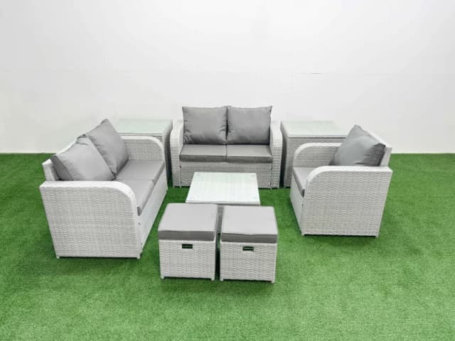 Fimous High Back Poly Rattan Garden Furniture Set with Reclining Chair Loveseat Sofa Square Coffee Table Indoor Outdoor Patio Set 2 Stool 2 Side Tabl