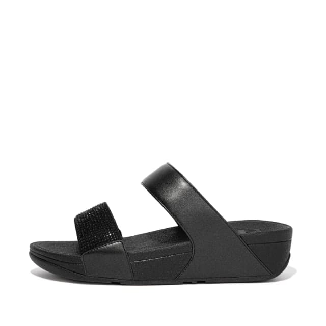 FitFlop Lulu Crystal Embellished Slides Synthetic Leather Womens Slides Sandals - All Black - Size:UK 4
