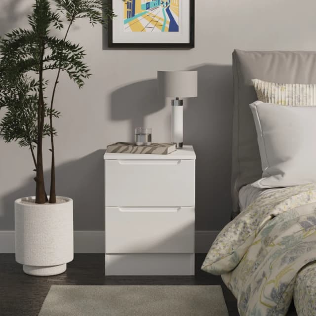 Welcome Furniture Ready Assembled Milan 2 Drawer Bedside Cabinet In White Gloss & White MIL005WGW