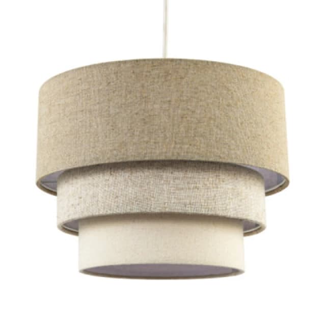 Happy Homewares Contemporary Round Triple Tier Beige And Oatmeal Linen Pendant Shade
