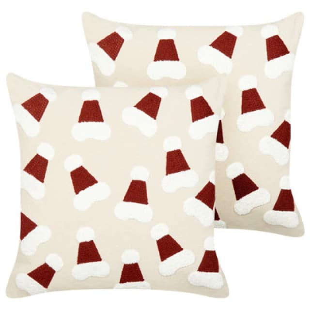 Beliani Set Of 2 Decorative Cushions Sugarplum Cotton 45 X 45cm Light Beige Christmas Motif