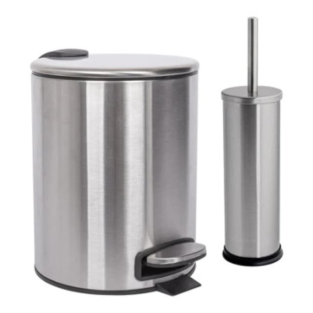 Harbour Housewares Bathroom Bin & Toilet Brush Set - 5L - Brushed - Round Stainless Steel Slim Trashcan Rubbish Bin & Brush
