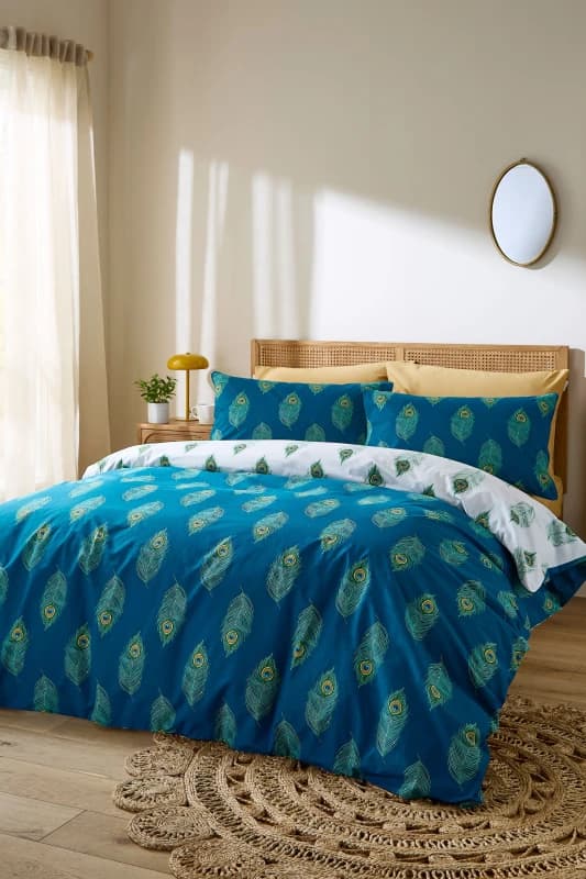Their Nibs Peacock Feather Cotton Reversible Duvet Cover Set Teal Green unisex King