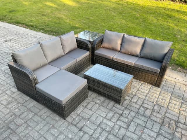 Fimous Outdoor Garden Furniture Sets 7 Seater Wicker Rattan Furniture Sofa Sets with Rectangular Coffee Table 3 Seater Sofa Side Table Dark Grey