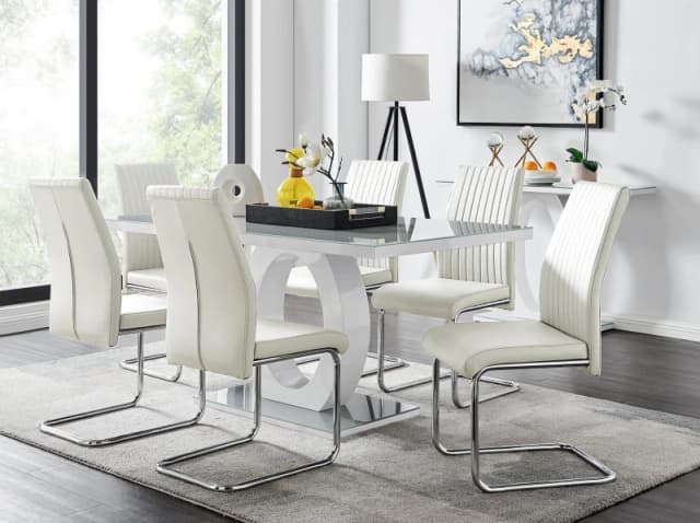 FurnitureboxUK FurnitureboxUK Giovani 6-Seater Grey Glass Dining Table and 6 Lorenzo Faux Leather Dining Chairs in White White One Size Unisex 5056542