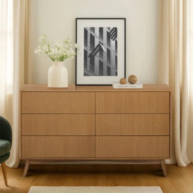 Teamson Home Tremolo Chest Of Drawers 6 Fluted Push-Open Drawer Bedroom Dresser, Natural