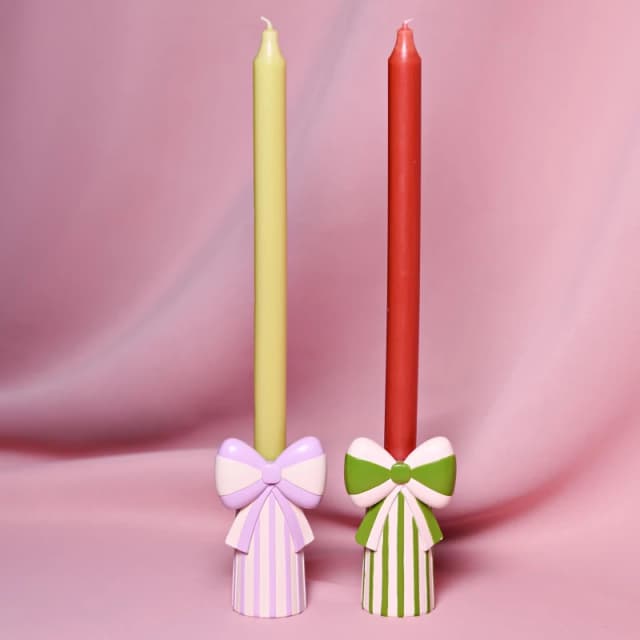 Raspberry Blossom Set of 2 Candlestick Holders With Bow Multicolor Unisex
