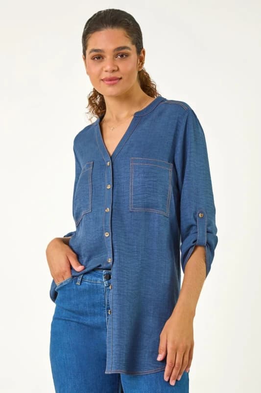 Roman V-Neck Longline Button Detail Blouse Mid Blue female