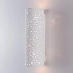 Perforated Up/Down Ceramic Wall Light, Cylinder Shade, 2xE14 Bulb Cap 40 Watts Maximum Each, White finish