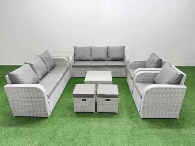 Fimous PE Rattan High Back Lounge Sofa Set Patio Square Coffee Table & Chairs Set with 3 Seater Sofa Reclining Chair Stools Side Table Light Grey Ligh