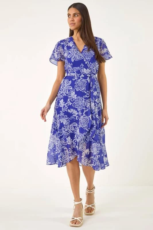 Roman Womens Floral Print Wrap Dress in Blue Size: 16 Blue Female 16