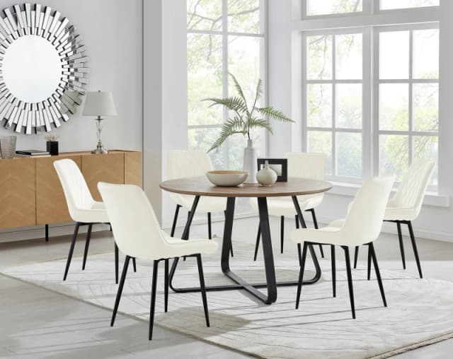 FurnitureboxUK FurnitureboxUK Santorini Brown Round Dining Table And 6 Pesaro Black Leg Chairs in Cream Cream One Size Unisex 5056542640292