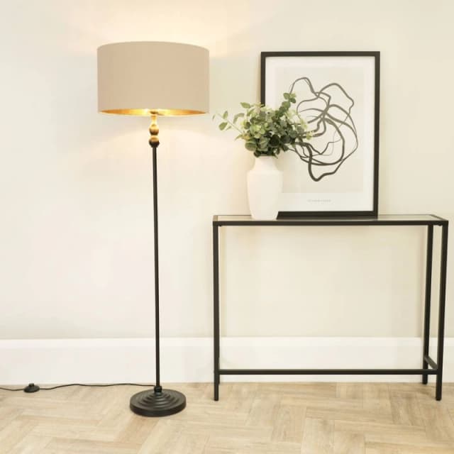 ValueLights Maggie Black Candlestick Floor Lamp with Beige and Metallic Gold Shade and Bulb Beige