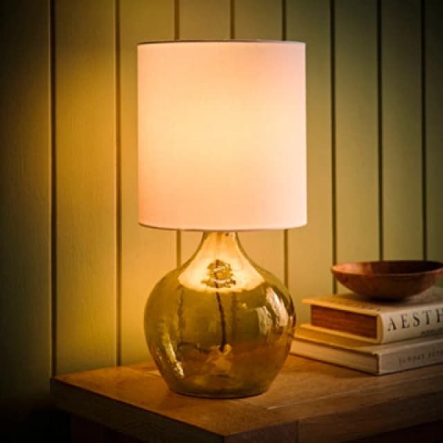 ValueLights ValueLights Emily Natural Linen Drum Shade Dark Green Glass Teardrop Table Lamp and LED Bulb Green One Size Unisex 5059406066436