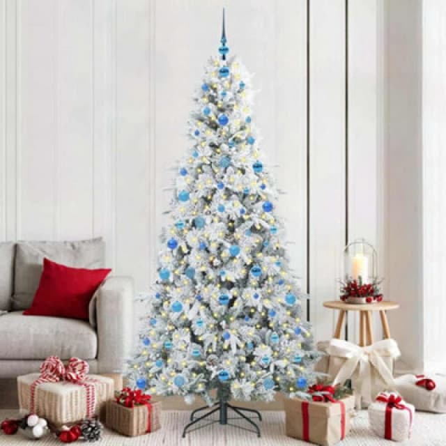 vidaXL Artificial Hinged Christmas Tree with Blue Balls Snow Flocked Green 210cm PE and PVC, Green 3397504