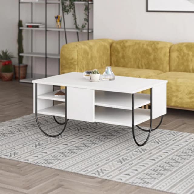 FWStyle 3 Tier Painted White Coffee Table Scratch Resistant Black Metal Frame White
