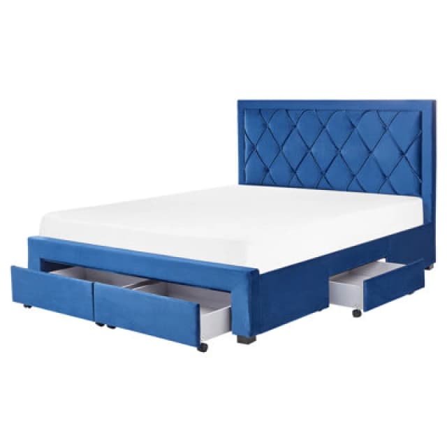 Beliani Bed With Storage Drawers Velvet Lievin 160 X 200 Cm (Eu King Size) Navy Blue