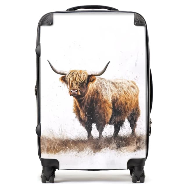 Warren Reed - Designer Highland Cow Watercolour Suitcase in Brown Size: Medium Brown Unisex Medium