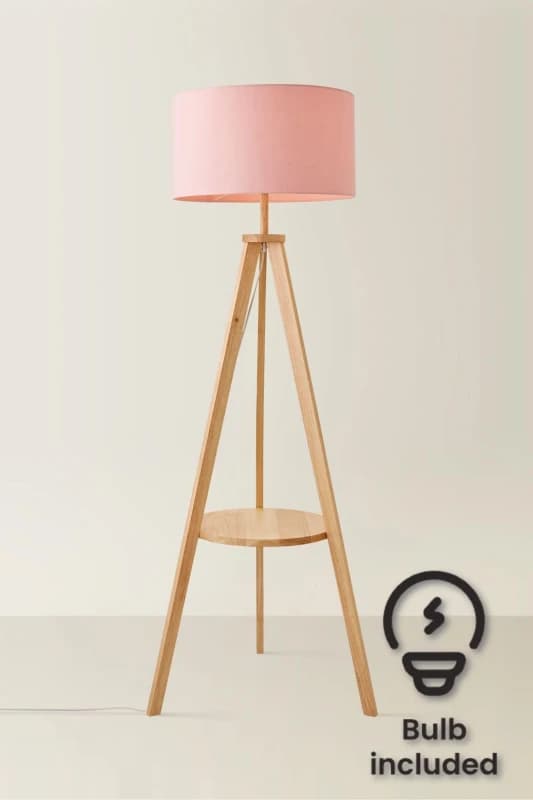 ValueLights Morrigan Light Wood Tripod Floor Lamp With Fabric Drum Lamp Shade and LED Bulb Pale Pink