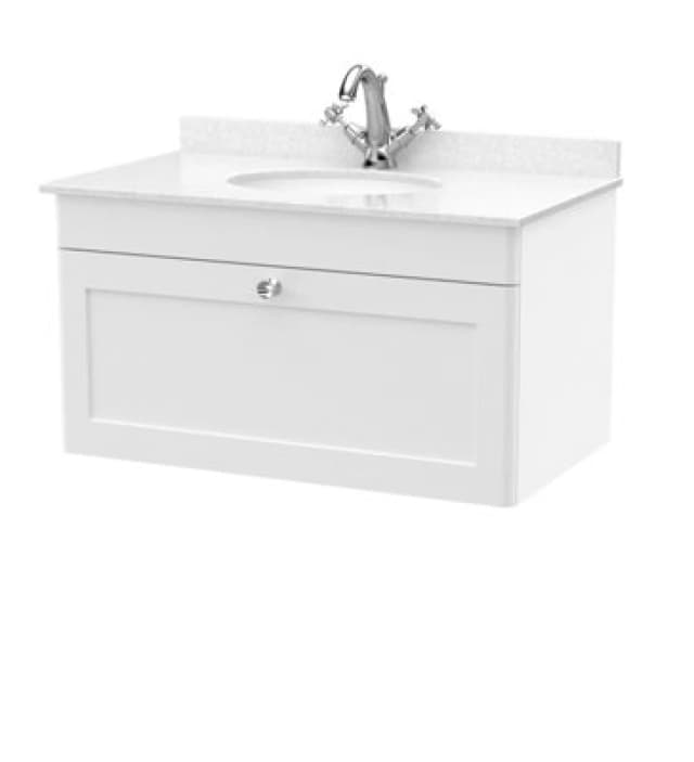 nuie 800mm Wall Hung 1 Drawer Vanity & Marble Top 1TH - Satin White CLC196WR1