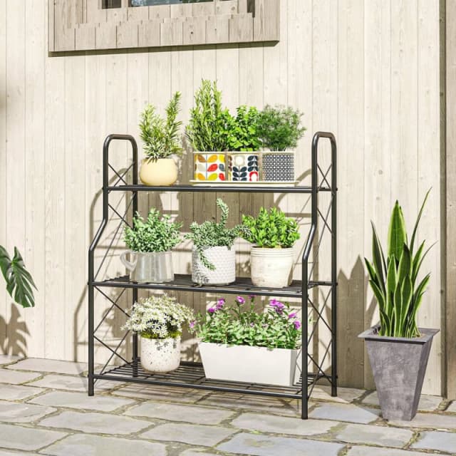 Outsunny 3-Tier Metal Plant Stand, Ladder Shelf Potted Plants Display, Black 84H-531V00BK
