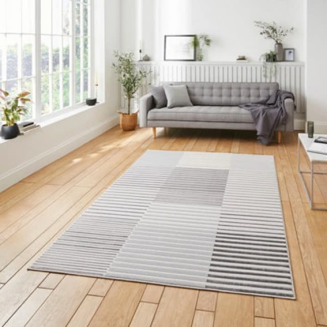 Grey Ivory Striped Modern Easy To Clean Rug For Dining Room-120Cm X 170Cm