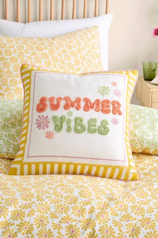 Fusion Summer Vibes Slogan Embroidered 43cm x 43cm Filled Cushion Multi