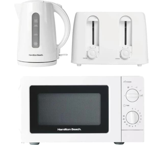 HAMILTON BEACH Essentials Jug Kettle, 4-Slice Toaster & Solo Microwave Bundle - White 5060916373235