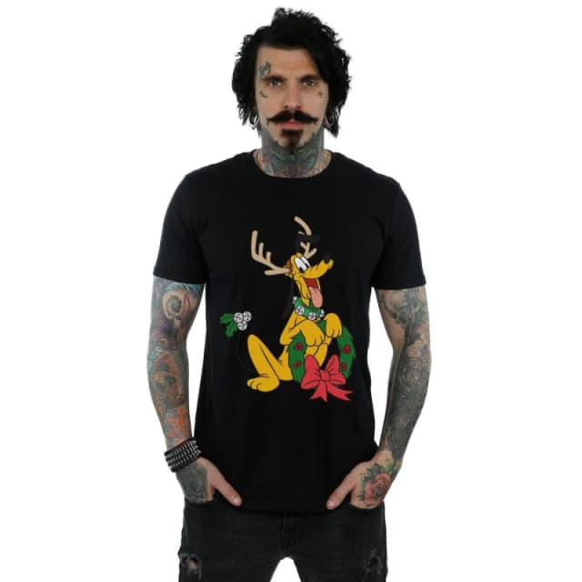 Disney Men Pluto Christmas Reindeer T-Shirt in Black Size: Small Black S Male 5059400324174
