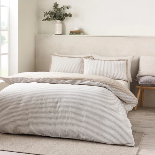 Catherine Lansfield Catherine Lansfield 'Oxford Pinstripe' Reversible Duvet Cover Set in Natural Size: Double Natural Double Unisex 5057681186849