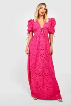 Broderie Puff Sleeve Tie Front Maxi Dress